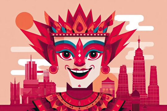  drawing of a smiling ondel ondel puppet in full Betawi attire, set against a stylized city skyline with modern buildings and a warm color palette