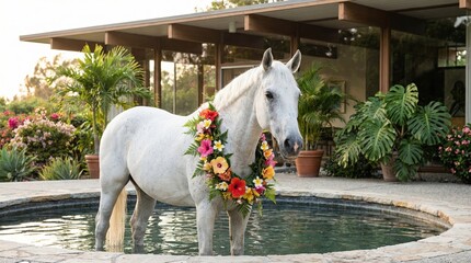 Elegant White Horse Adorned With A Vibrant Floral Wreath Stands In A Sunlit Courtyard Pool Near A Mid Century Modern Home At Golden Hour