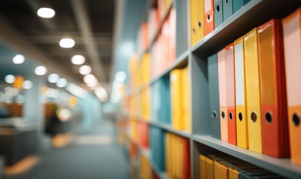 A blurry image of a row of yellow, orange, and blue binders on a shelf