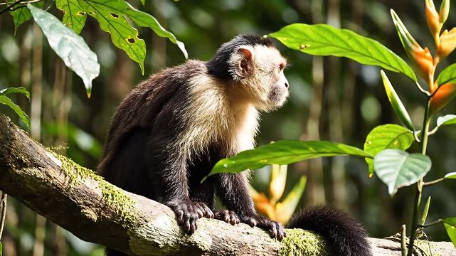 Capuchin Monkey Sitting on Tree Branch.
