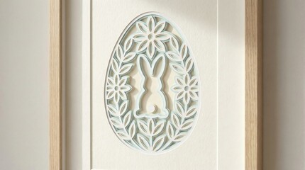 Intricate Easter Egg Paper Cutout Art Featuring a Bunny Silhouette Surrounded by Floral Motifs in a Wooden Frame with Soft Natural Lighting