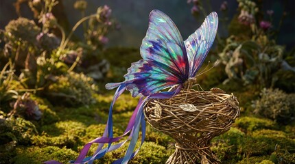 Magical Butterfly with Iridescent Wings Resting in a Gilded Nest Amidst Lush Greenery and Wildflowers Soft Morning Light Illuminates the
