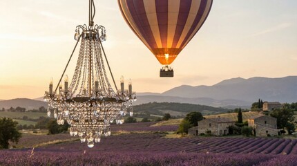 Ornate Crystal Chandelier Floats Above Lavender Fields Beside Hot Air Balloon at Sunset