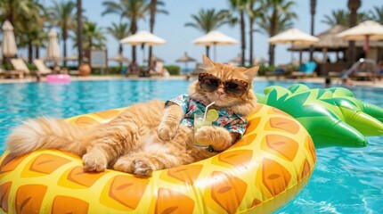 Orange Fluffy Cat Relaxing in a Pineapple Float Wearing Sunglasses and Hawaiian Shirt Holding a Drink in a Swimming Pool on a Sunny Day