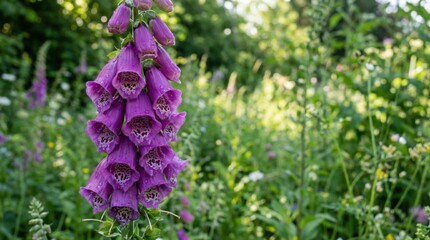 Purple Foxglove Flowers With Water Droplets In A Lush Green Meadow At Sunset With Soft Sunlight Filtering Through The Trees