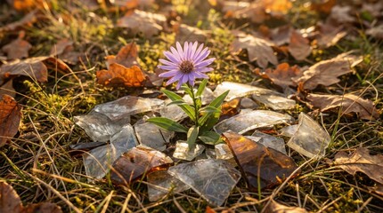 Purple Flower Blooms Through Broken Glass Surrounded by Autumn Leaves and Morning Dew Golden Hour Light Illuminates the Resilience of