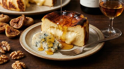 Rich Creamy Basque Cheesecake Slice Drizzled With Honey Served With Blue Cheese And Walnuts On A Rustic Plate With Dried Figs And Wine
