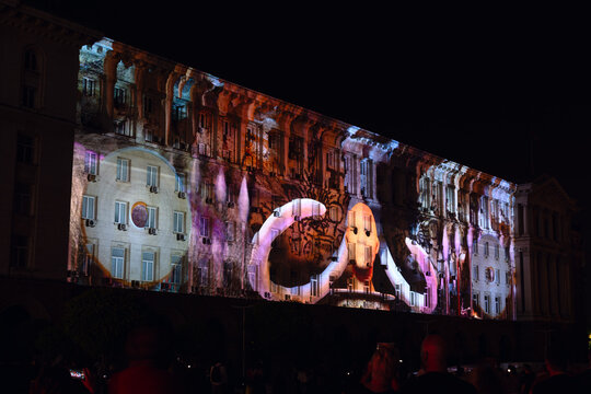 SOFIA, BULGARIA - MAY 9, 2018: Building of Council of Ministers in Sofia, Bulgaria. 3D Projection Mapping for the Day of Europe