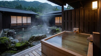 Serene Outdoor Hot Spring Onsen With Steaming Water And Traditional Japanese Architecture At Dusk Lush Greenery And Natural Rocks Enhance