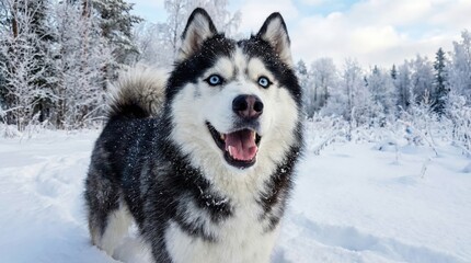 Siberian Husky With Blue Eyes Standing in Snowy Forest During Daytime with Bright Sunlight