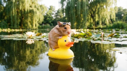 Small Hamster Riding A Yellow Rubber Duck Toy On Water Lilies With Willow Trees And Greenery Background On A Sunny Day