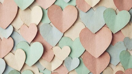 Softly Hued Paper Hearts Arranged in a Textured Background Pattern with Subtle Lighting and Gentle Shadows