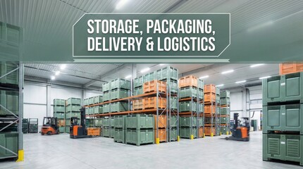 Spacious Warehouse Interior With Stacks Of Storage Containers And Forklifts Operating In A Logistics Distribution Center Under Bright