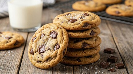 Stack Of Homemade Chocolate Chip Cookies With Sea Salt Sprinkled On Top Next To A Glass Of Milk On A Rustic Wooden Table With Soft Natural
