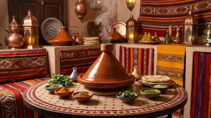 Steaming Moroccan Tagine Dish With Assorted Spices And Breads On A Decorated Table With Copper Lanterns And Colorful Textiles