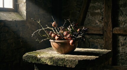 Still Life Arrangement of Dried Fruits and Branches in Rustic Pottery on Stone Pedestal Dramatic Sunlight Shafts in Barn Interior