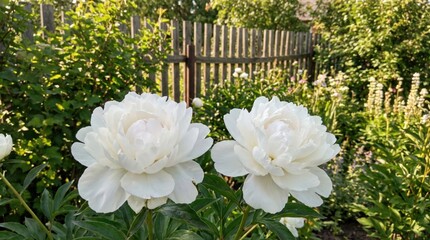 Two Large White Peony Flowers Bloom in a Lush Garden with a Rustic Wooden Fence and Green Foliage Under Soft Sunlight