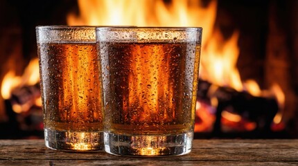 Two Whiskey Shot Glasses Filled With Amber Liquid And Water Droplets Reflecting A Blazing Fireplace Warm Orange Glow On Rustic Wood Surface