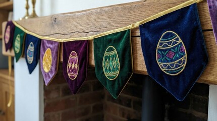 Velvet Easter Egg Banner Festive Decoration Hung on Wooden Mantelpiece with Brick Fireplace Background Cozy Home Ambiance