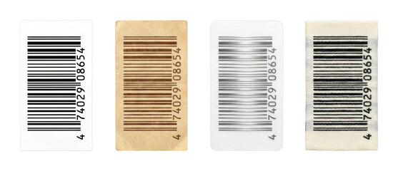 Fototapeta na wymiar Four different barcode labels displaying product identification codes on various materials, including paper, plastic, and fabric, for retail and inventory management.