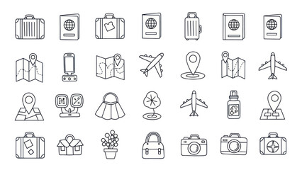 Hand Drawn Travel Icons: Suitcases, Passports, Maps, Planes, Cameras, & More