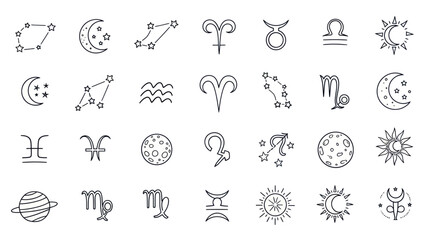 Fototapeta premium Hand Drawn Zodiac Signs and Celestial Icons Set, Astrology Symbols, Stars and Moon