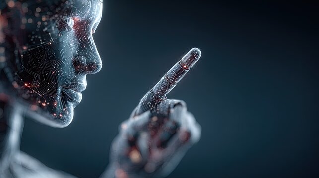 Abstract futuristic humanoid figure gesturing against a dark background