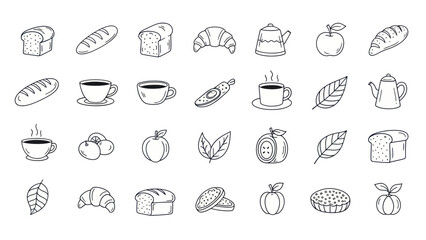 Hand-Drawn Breakfast Icons: Bread, Coffee, Fruit, Teapot, Croissant - Vector Set