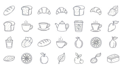 Hand-Drawn Breakfast Icons: Bread, Croissants, Coffee Cups, Fruits, Pastries - Line Art