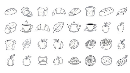 Obraz premium Hand-Drawn Breakfast Icons: Bread, Croissants, Coffee, Fruits, and Tea Set