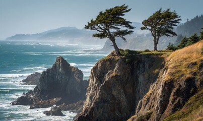 Fototapeta premium Two trees are on a hill overlooking the ocean