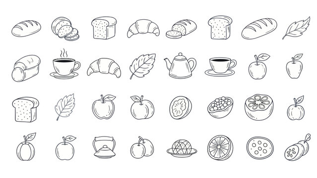 Hand-Drawn Breakfast Icons: Bread, Croissants, Coffee, Fruits, and Tea Set