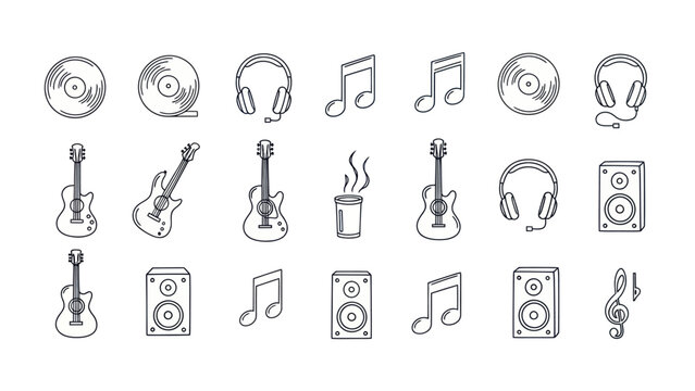 Hand-drawn doodles of musical instruments, notes, headphones, and vinyl records on white background.