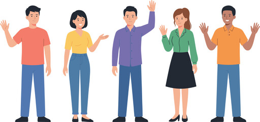 Fototapeta premium Diverse group of people waving hands illustration showing greeting teamwork community inclusion friendly communication modern flat vector style isolated on white background