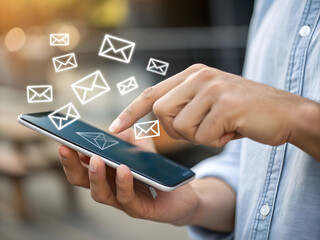 Human hands holding modern mobile cellphone device using finger to touch black screen displaying white digital envelope icons symbolizing electronic mail communication newsletter notification internet