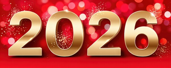 Obraz premium Golden 2026 numbers with sparkling bokeh on a red background for New Year celebration