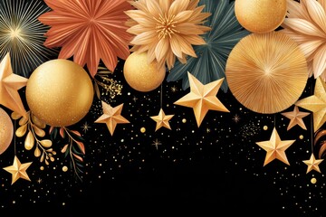 Obraz premium Festive gold stars and ornaments cascade over a black background for celebration decor and holiday imagery