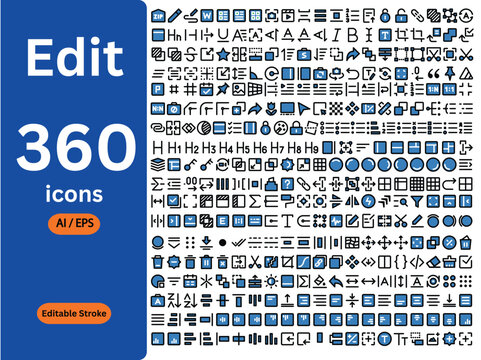 Ultimate Editing and UI Icon Set: 360 Editable Stroke Line Icons for Content Creation, Graphic Design, Web Toolbar, and Text Formatting