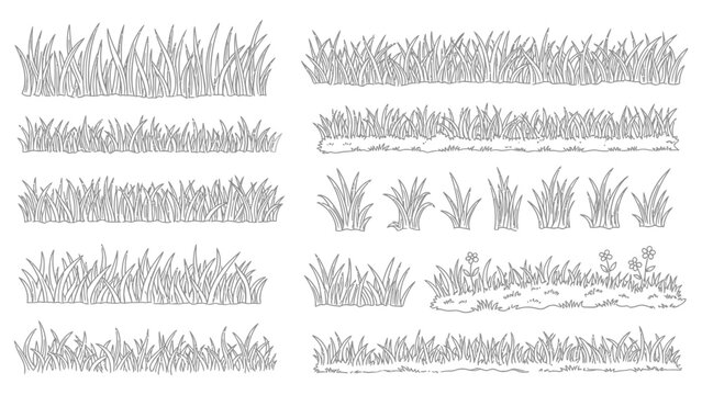 Hand Drawn Doodle Grass Vector &ndash; Sketch Wild Grassy Plants, Herbal Silhouettes