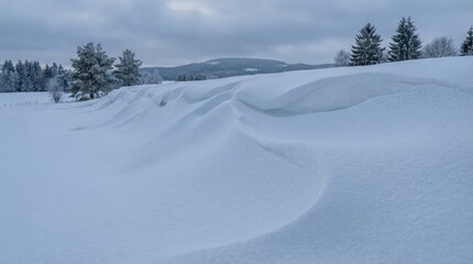 Snowdrift contours sculpted by wind under a dramatic overcast sky with pine trees on a winter landscape