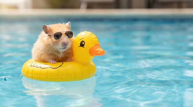 Cute Hamster Wearing Sunglasses Rides A Yellow Duck Inflatable In A Bright Blue Swimming Pool On A Sunny Day