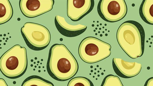 Seamless pattern design featuring avocado slices and halves with decorative black dots on a soft green background for fabric.