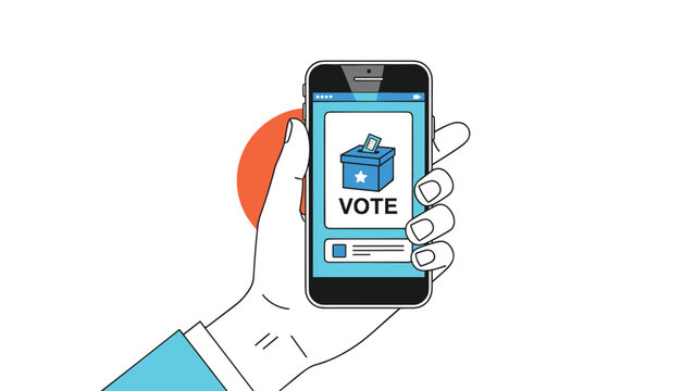 Hand holding a modern smartphone displaying a digital voting application with a ballot box icon on the screen for elections.