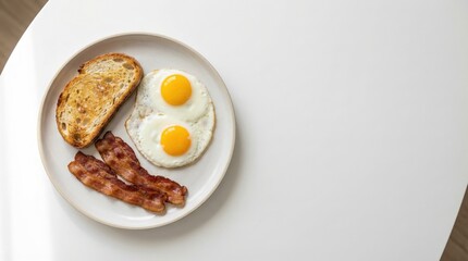 Top View of Delicious Breakfast Plate with Fried Eggs Crispy Bacon and Toasted Bread on a White Table with Natural Light