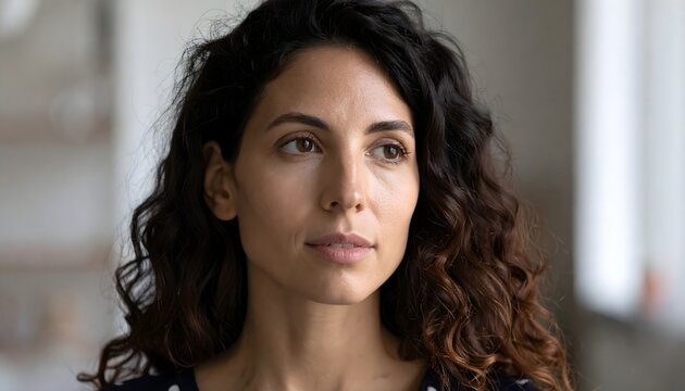 Retrato de mujer adulta con cabello rizado y expresi&oacute;n reflexiva en interior, concepto de serenidad y autenticidad