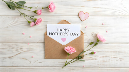Wide angle flat lay composition showcases brown kraft paper envelope with Happy Mother's Day greeting card surrounded by pink carnation flowers and small heart shapes on light white wooden plank