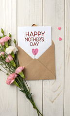 Top view flat lay shows happy mothers day greeting card tucked into brown craft envelope surrounded by delicate pink carnation blossoms and small ceramic heart on white wooden plank background.