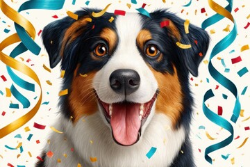 Obraz premium Happy dog celebrating with blue streamers and confetti in a joyful party moment
