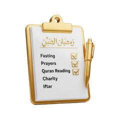 Golden Clipboard with Ramadan Checklist and Pen on Transparent
