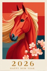 Obraz premium Vibrant red horse illustration with cherry blossoms celebrating the 2026 New Year poster